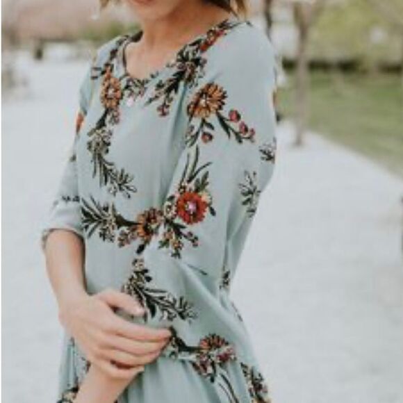 Sage Dusty Blue Floral Long Sleeve Open Back Shift Dress - Picture 10 of 10